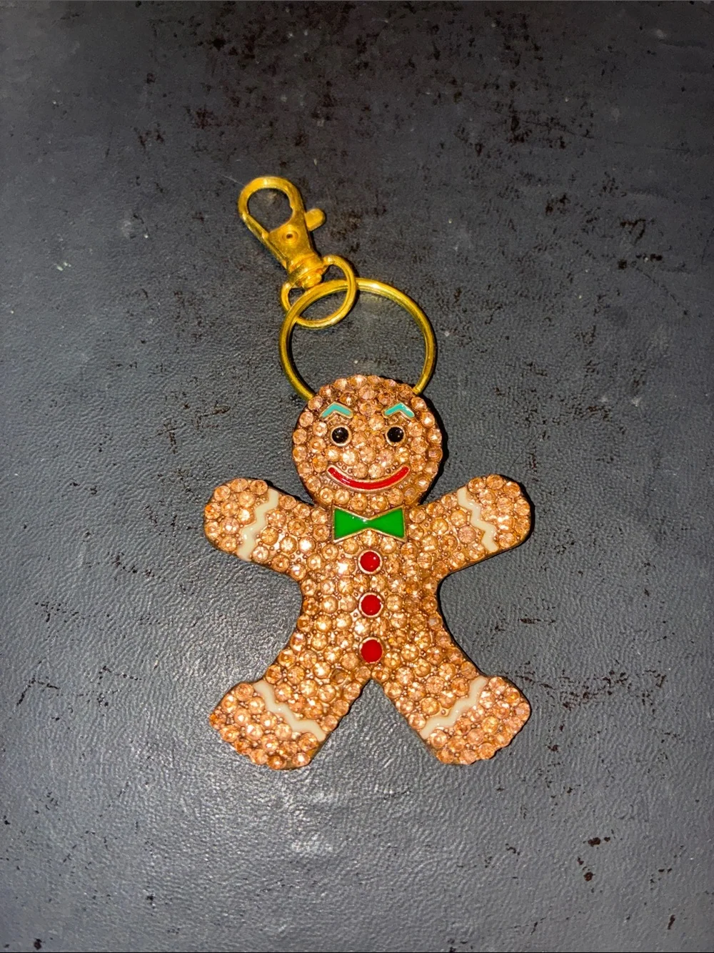 Crystal Gingerbread Keychain Charm in Brown with Green Bow